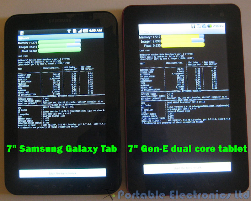 7" Samsung Galaxy Tab vs 7" Gen-E Dual Core Tablet: Nbench