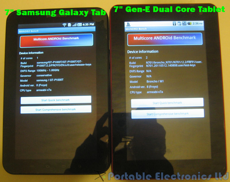 7" Samsung Galaxy Tab vs 7" Gen-E Dual Core Tablet: Mandro Benchmark Info